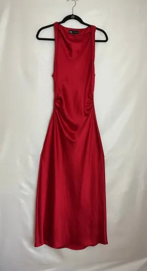 Zara Red Satin Maxi Dress XS Draped Neck Ruched Waist Sleeveless Evening Gown thumbnail 2