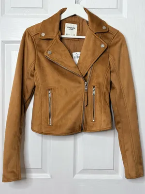 Abercrombie & Fitch Faux Suede Moto Jacket Camel Brown Biker Cropped Y2K Size XS thumbnail 2