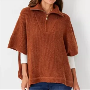 Ann Taylor Ribbed Zip Oversized Poncho Sweater Size XS/Small Caramel Cozy thumbnail 8