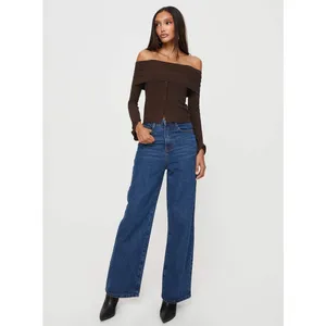 Princess Polly Parveen Brown Ribbed Off Shoulder Long Sleeve Crop Top Blouse 4 thumbnail 2