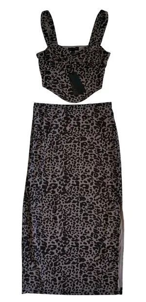 Brit‎ The Label Leopard Print Corset Top Midi Skirt 2 Piece Set Brown M thumbnail 1