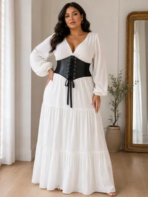 Plus‎ Size Black Vintage Style Lace Up Faux Leather Elastic Back Closure thumbnail 2