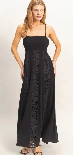 NEW HYFVE Black Linen Blend Lace Panel Maxi Dress – Large thumbnail 1