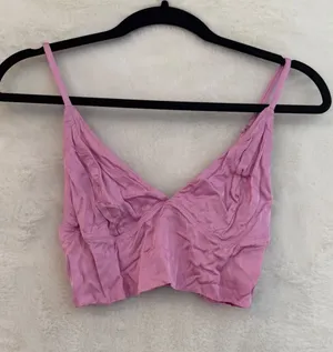 Aerie Pink Satin Smocked Back Crop Top Womens Size M V-Neck Bralette Cami thumbnail 1