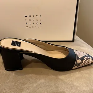 Brand New Hallie Cap toe mules shoes, black and snake skin look on tip Size 10 thumbnail 6