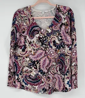 Chico's Purple Paisley V-Neck Lightweight Sweater Top Size 1 US Medium Rayon Mix thumbnail 1