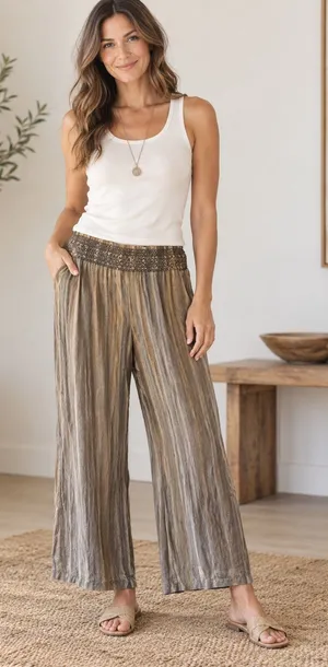 Indigo Rein Linen blend striped pants Large boho Beachy thumbnail 1