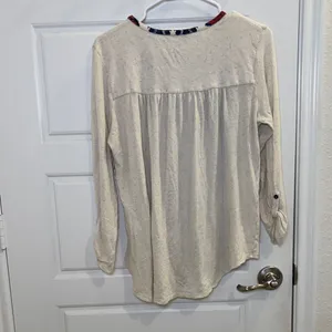Lucky Brand Boho Embroidered Henley Top Cream Blue Red Size L thumbnail 3