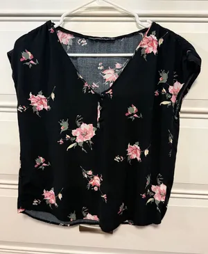 Abercrombie & Fitch Black V-Neck Blouse with Pink Floral Print thumbnail 1