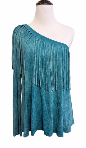 Gabriel clothing co small turquoise fringe one shoulder top thumbnail 1