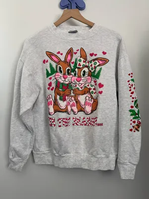 90s Vintage XL Christmas Holiday Sweatshirt Bunnies Coco Love Grey Crew Neck thumbnail 1