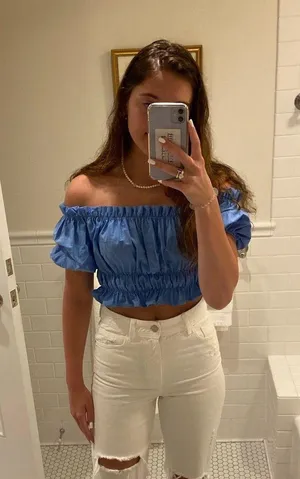 ZARA Blue Off-The-Shoulder Top with Puff Sleeves thumbnail 1