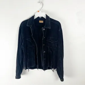 POL Black 100% Cotton Chest Pockets Frayed Hem Corduroy Trucker Jacket Small thumbnail 5