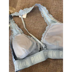 Victorias Secret PINK Light‎ Blue Floral Lace Racerback Bralette Logo Band Small thumbnail 2
