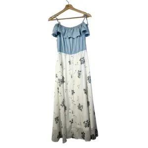 Boutique Blue Chambray Ruffle Cold‎ Shoulder Floral Maxi Dress L thumbnail 2