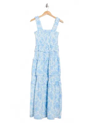Maisie 100% Cotton Floral Smocked Ruffle Cotton Maxi Dress NWT Blue White XS thumbnail 3