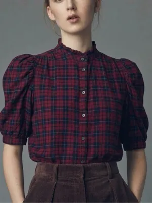 NEW Gap Women's XSMALL Red Plaid Puff Sleeve High Neck Blouse thumbnail 1