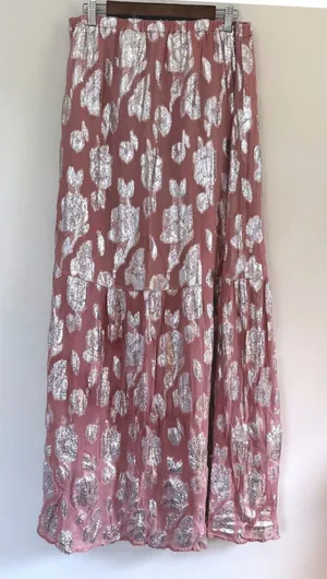 Women's Floral Metallic Silver Jacquard Tiered Lined Elastic Waist Maxi Skirt thumbnail 1