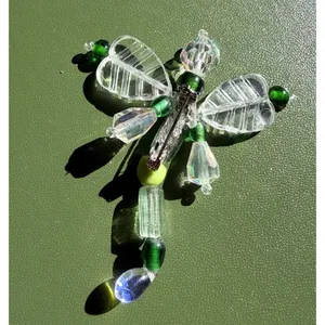 Vintage Beaded Dragonfly Brooch Green Clear Crystal Glass Pin 2.5” thumbnail 3
