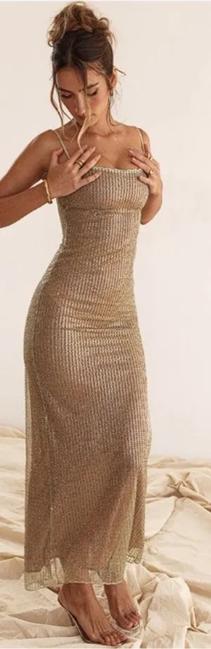 NWOT House of CB 'Alondra' Cafe Au Lait Beaded Maxi Dress sz L thumbnail 1