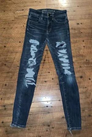 American Eagle destroyed distressed dark wash hi-rise stretchy jeggings thumbnail 1