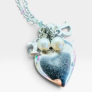 Dior Silver Tone Heart Pendant Pearl Charm Chain Necklace Love Logo Jewelry thumbnail 2
