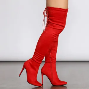 Forever Link New Red Stretchy Over The Knee Thigh High Boot Gold Studded Stiletto High Heel thumbnail 3