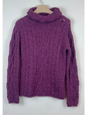 Aran Sweater Market 100% Merino Wool Cable Knit Cowl Neck Purple Sweater M thumbnail 1