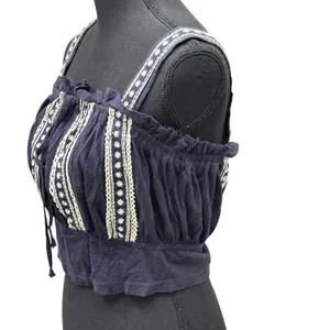 Free People Hill Top Crop Tank Size Large Blue Embroidered Boho Festival thumbnail 4