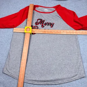 Holiday Time Women's Merry Christmas Raglan Baseball Tee Gray Red Plaid Lg 12-14 thumbnail 4