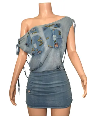 JADED LONDON Route 66 Distressed Backless Studded Dress, Blue, 6 (US) thumbnail 3