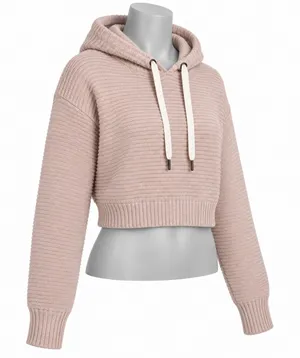 American Eagle Women L Pink Cropped Knit Hoodie Sweater Ribbed Long Sleeve thumbnail 1