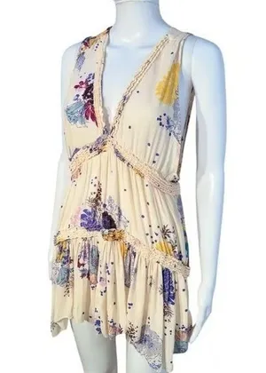 FREE PEOPLE | M | Floral Tiered Tunic Top Mini Dress Ruffle Sleeveless Tank thumbnail 1
