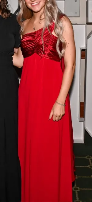 David's Bridal Womens Formal Red Dress Long One Shoulder Attached Scarf XS thumbnail 1