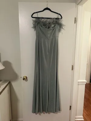Maniju Strapless Feather-Trim Silver Evening Gown thumbnail 2