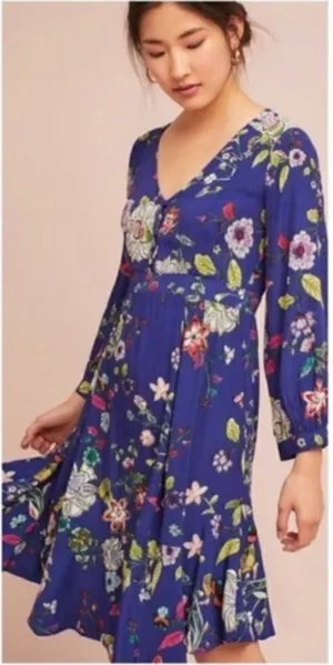 Anthropologie Maeve Purple Floral Long Sleeve Ruffle Hem Dress XS/S thumbnail 1