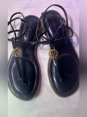 Tommy Hilfiger Black Strappy Thong Sandals with Gold Accent thumbnail 7