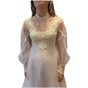 Vintage 1960s Lace Illusion High Neck Bridal Wedding Gown w/ Train XS thumbnail 9