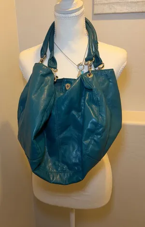 Teal Blue Slouchy Hobo Bag Shoulder‎ Purse Boho Y2K Large Soft Faux Leather thumbnail 1