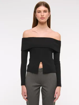 Abercrombie & Fitch Ribbed Knit Off-The-Shoulder Cutaway Sweater Black Size M thumbnail 2