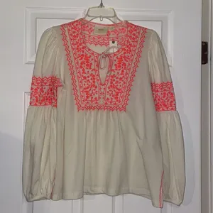 Anthropologie Maeve Louisa Cream Bohemian Long Sleeve Top with Coral Embroidery thumbnail 5