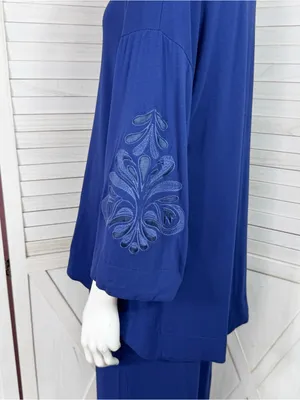 Soft‎ & Cozy Loungewear Embroidered Sleeve Wide Leg Pants Set Blue Small thumbnail 5