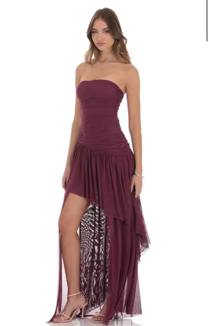 Lucy in the Sky Mesh Asymmetrical High Low Maxi Dress in Plum thumbnail 4