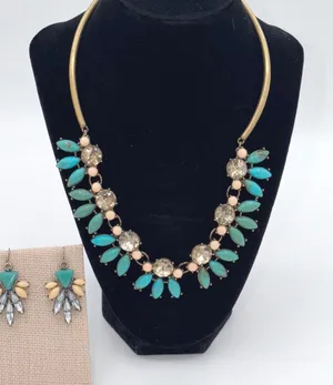 Turquoise Rhinestone Statement Necklace Earrings Set Bib Collar Boho Jewelry thumbnail 1