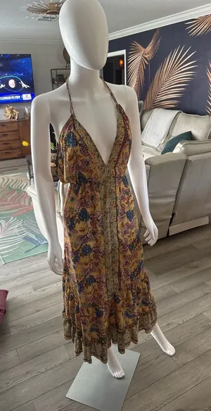 KHAN Floral Paisley Halter Maxi Dress with Tassel Detail Free Size thumbnail 1