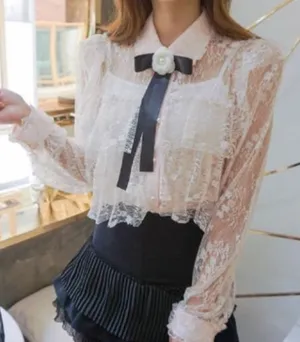 Korean White Lace Ruffle Tiered Layered Coco Flower Pin Blouse Shirt Top thumbnail 1