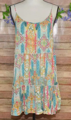 Elan Ibiza Tiered Mini Sun Dress Size M Sleeveless Colorful Paisley Boho Rayon thumbnail 1