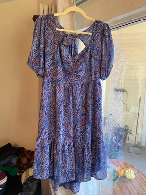 Kojooin Puff Sleeve Tie Back Ruffled Dress Navy Paisley Women’s XL NWT thumbnail 11
