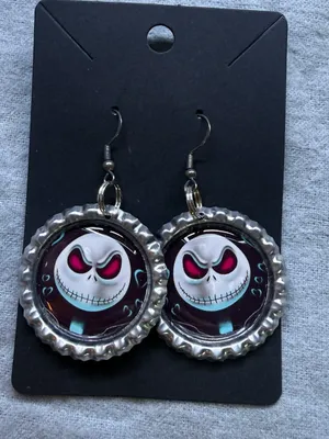 Handmade Skull Bottle Cap Dangle Earrings thumbnail 1