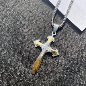 💎🩶 New Crystal Embellished Stainless Steel Two Tone Gold & Silver Edgy Crucifixion Cross Pendant Necklace 🩶💎 thumbnail 3